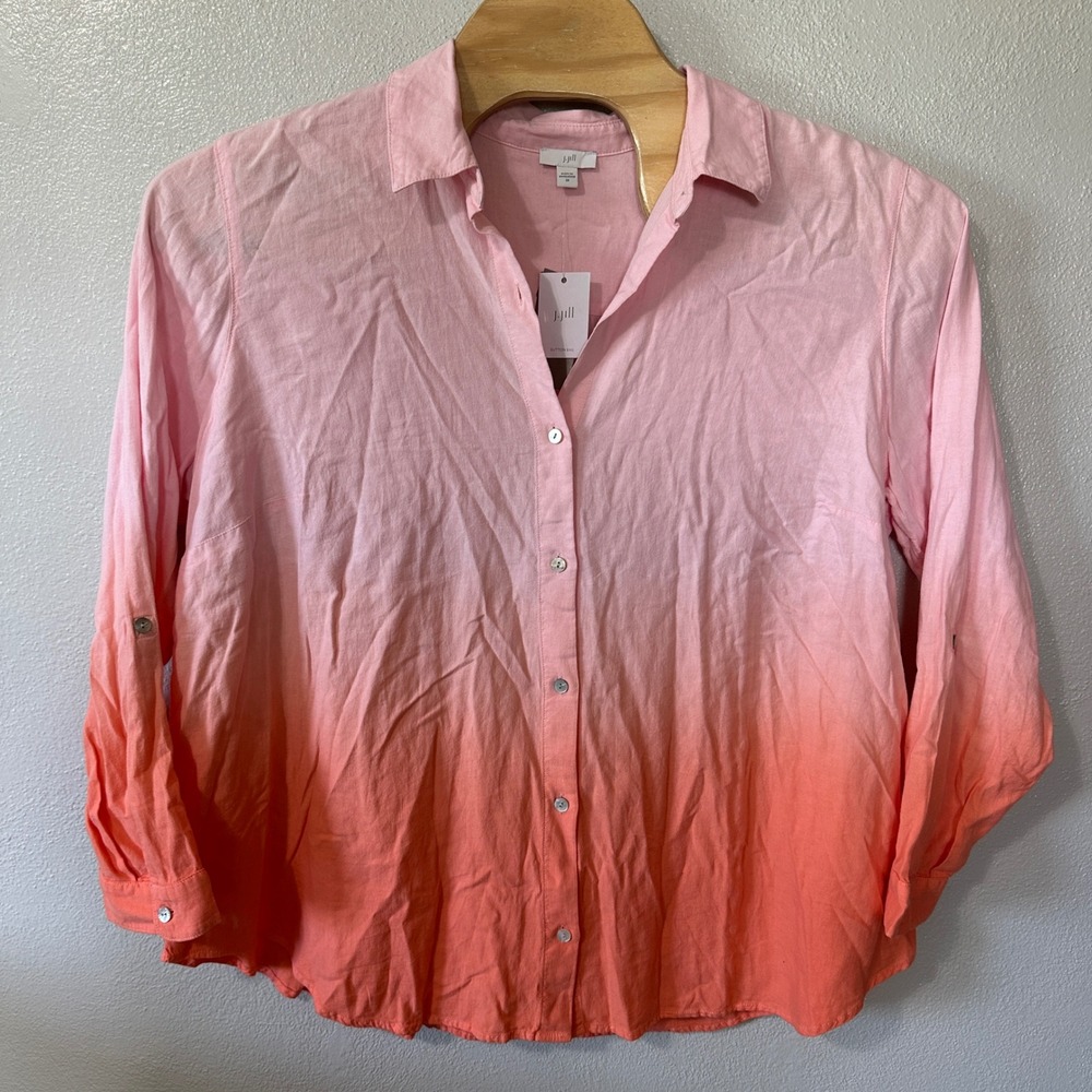 NEW J Jill Linen Blend Button Up Tunic Ombre‎ Long Sleeve Top Pink Coral Size 2X